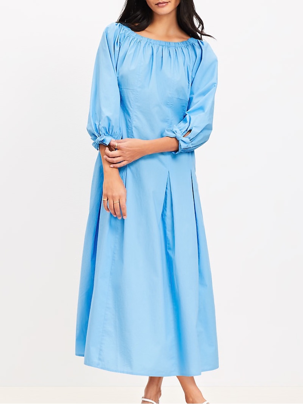 LOFT Women Petite 8P Blue Cotton Poplin Tie Cuff Midi Swing Dress NWOT